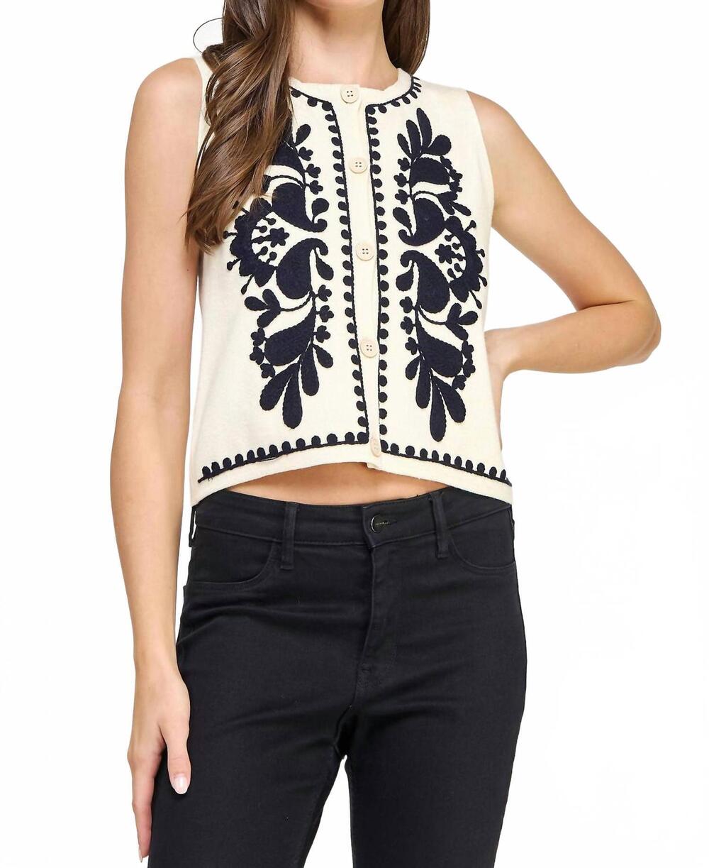 NEW STRUT & BOLT embroidered sleeveless knitted vest sweater in ivory/black